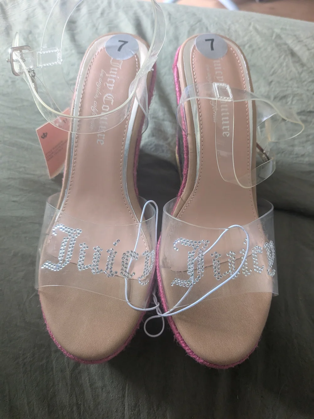 Juicy Couture RAINBOW Jute Wedge Sandals Clear Acrylic Rhinestones Size 7